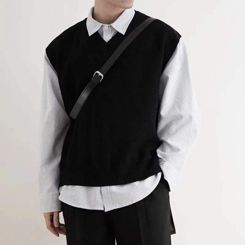 Men'S Fashion V Neck Sweater - 2024, ранняя осень, простой черный вязаный